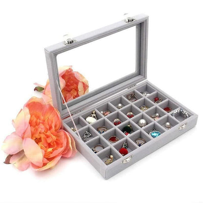 Velvet Jewelry Box Earring Organizer Display Case Storage Holder with 24 Grid - Beige