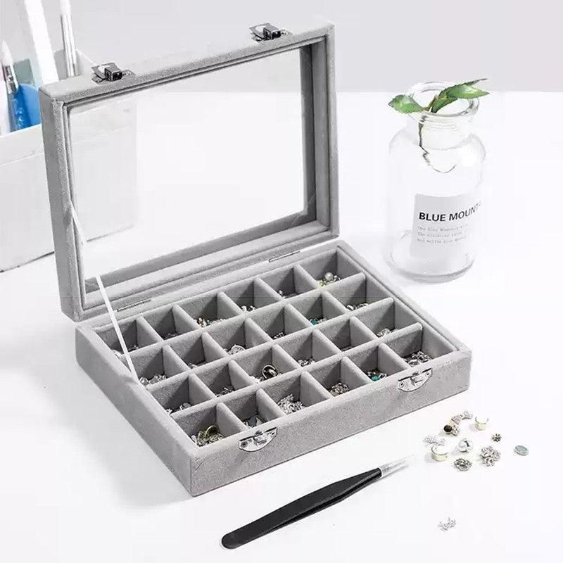 Velvet Jewelry Box Earring Organizer Display Case Storage Holder with 24 Grid - Beige
