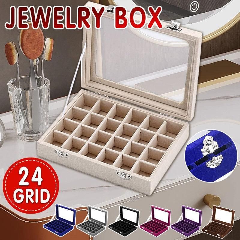 Velvet Jewelry Box Earring Organizer Display Case Storage Holder with 24 Grid - Beige