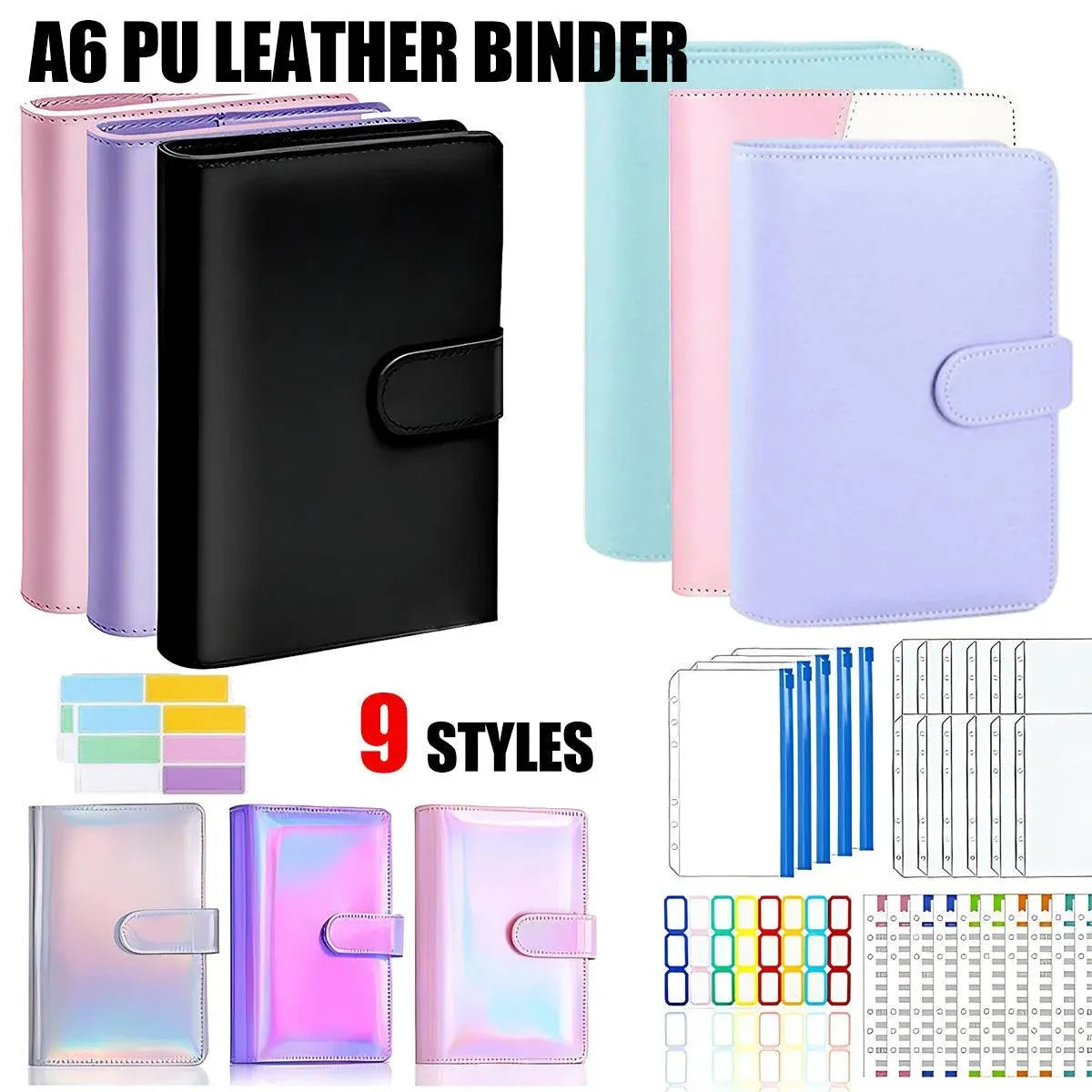 A6 Pu Leather Binder Pockets Cash Envelope Planner Notebooks - Laser Purple