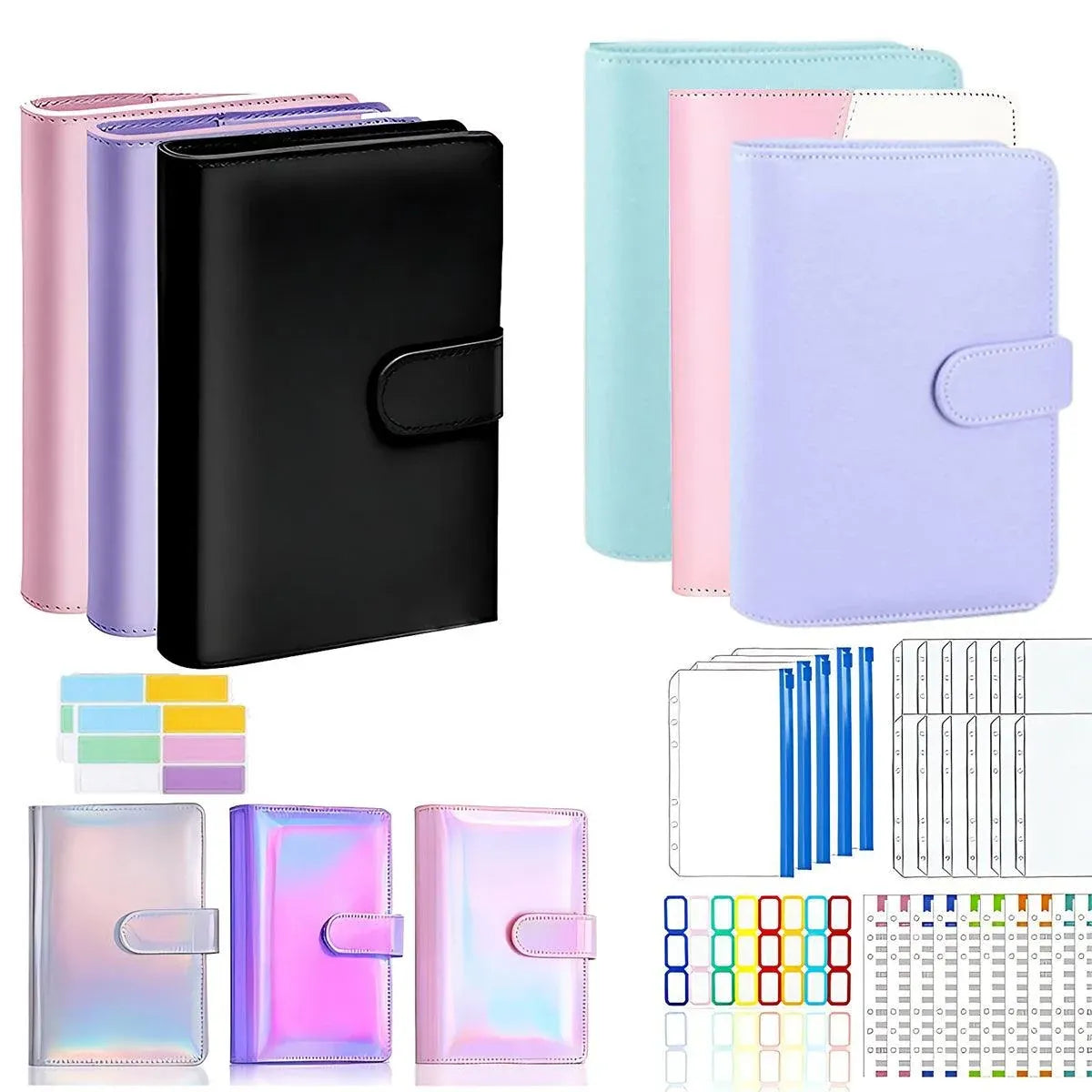 A6 Pu Leather Binder Pockets Cash Envelope Planner Notebooks - Laser Purple