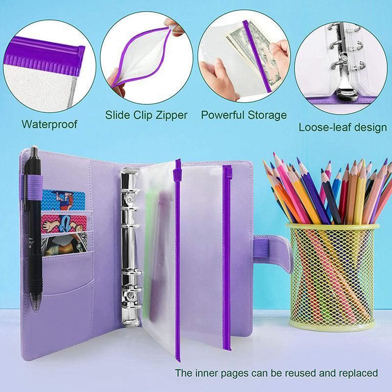A6 Pu Leather Binder Pockets Cash Envelope Planner Notebooks - Laser Purple