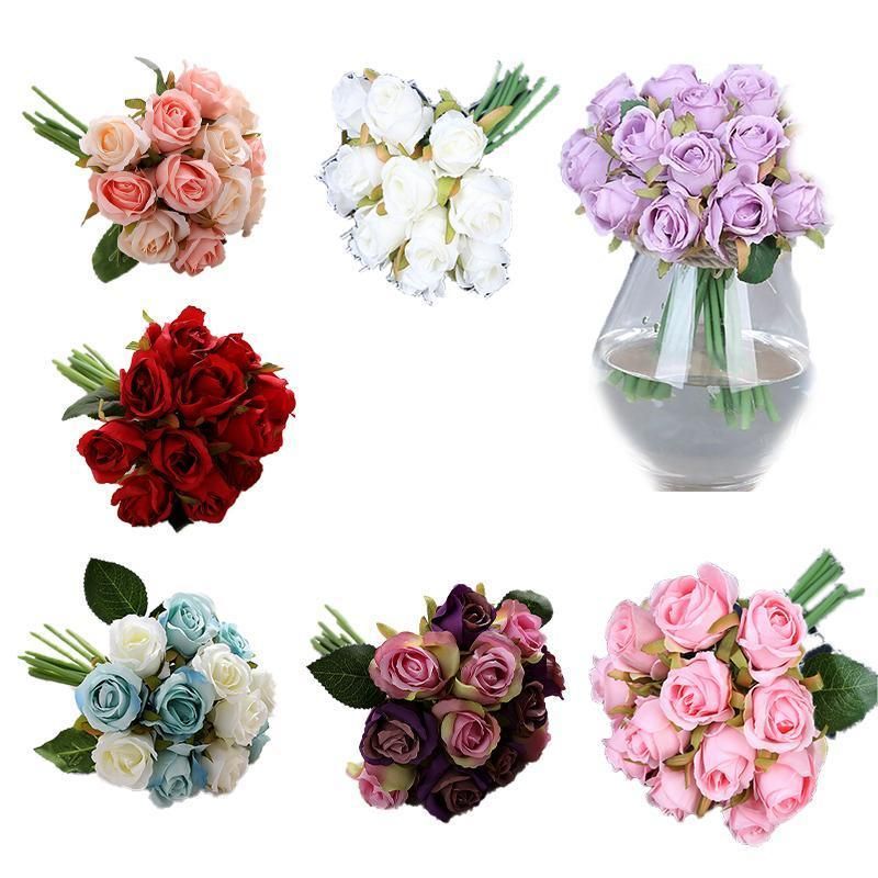12 Heads Silk Rose Artificial Flowers Fake Bouquet - White