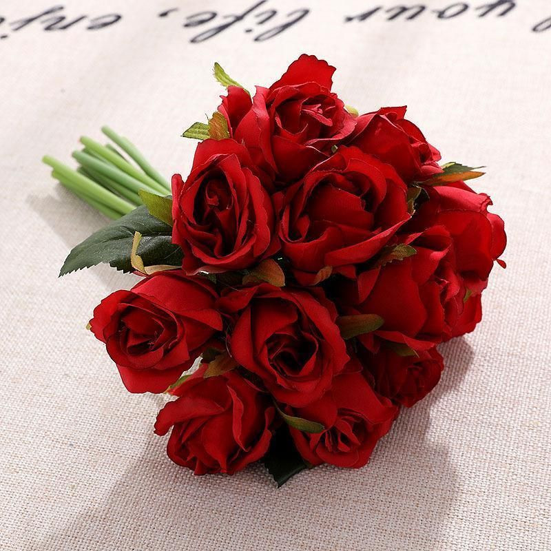 12 Heads Silk Rose Artificial Flowers Fake Bouquet - White