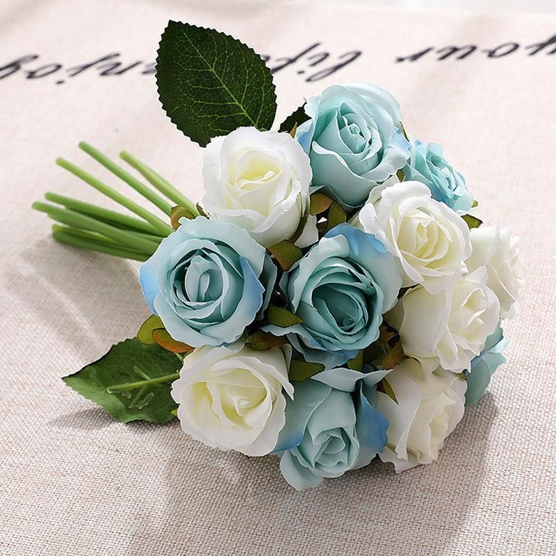 12 Heads Silk Rose Artificial Flowers Fake Bouquet - White