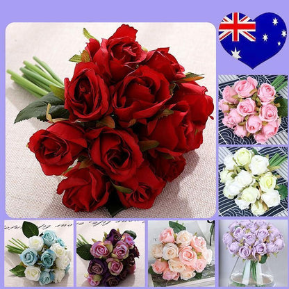 12 Heads Silk Rose Artificial Flowers Fake Bouquet - White