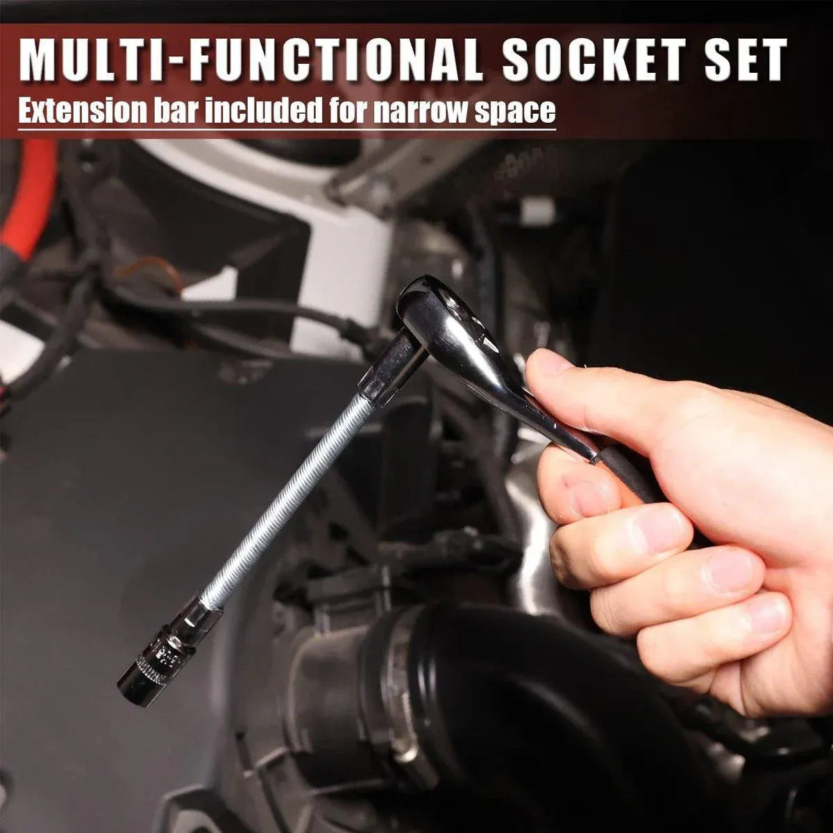 53PCS Metric Deep Socket Set 1/4" Drive Wrench with Flexible Extension Bar Tools