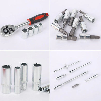 53PCS Metric Deep Socket Set 1/4" Drive Wrench with Flexible Extension Bar Tools