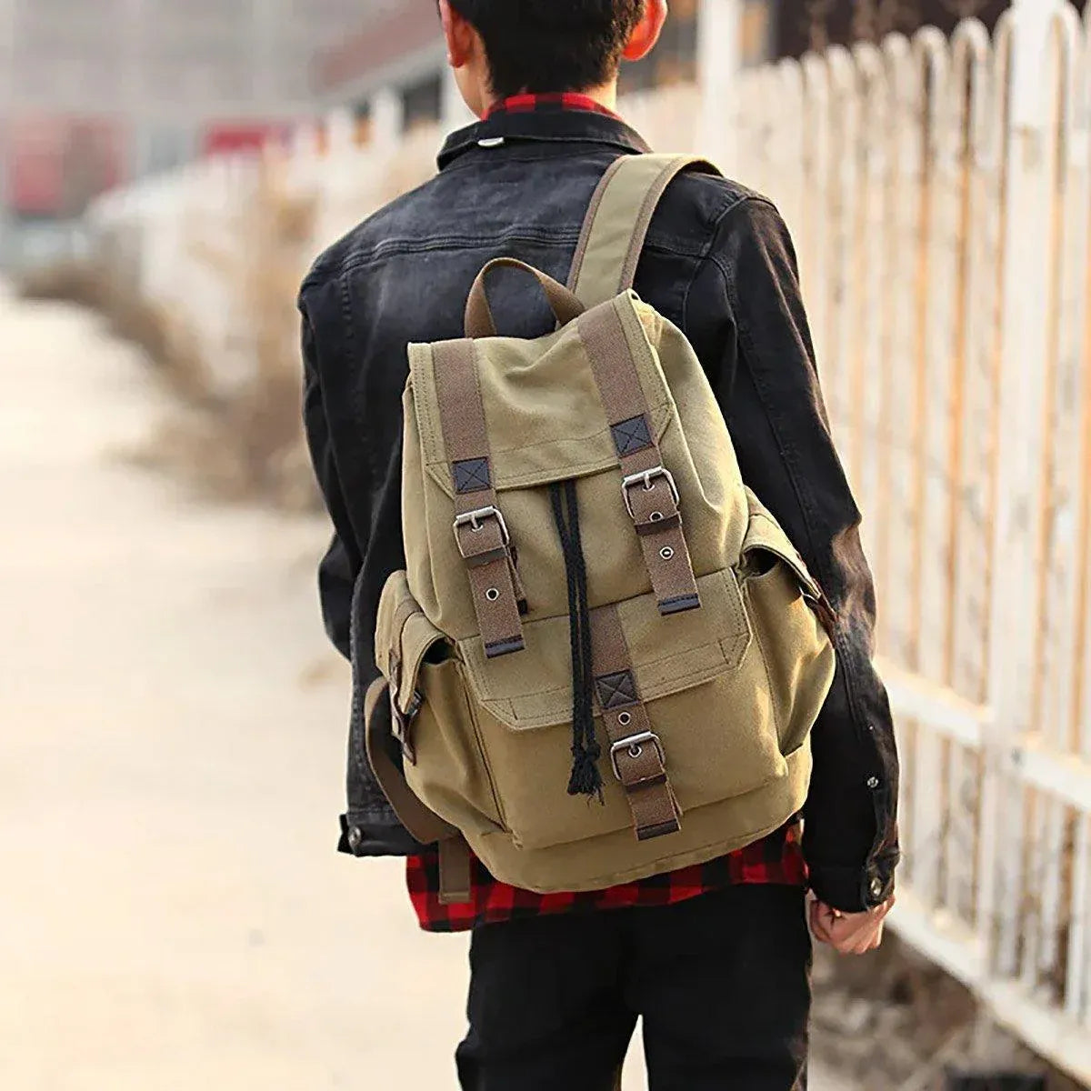 Unisex Retro Rucksack Large Capacity Travel Bag Leisure Backpack Schoolbag - Khaki