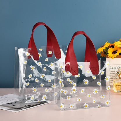 10pcs Small Fresh Transparent PVC Tote Bag Wedding Candy Gift Bag Daisy Design - Red - S