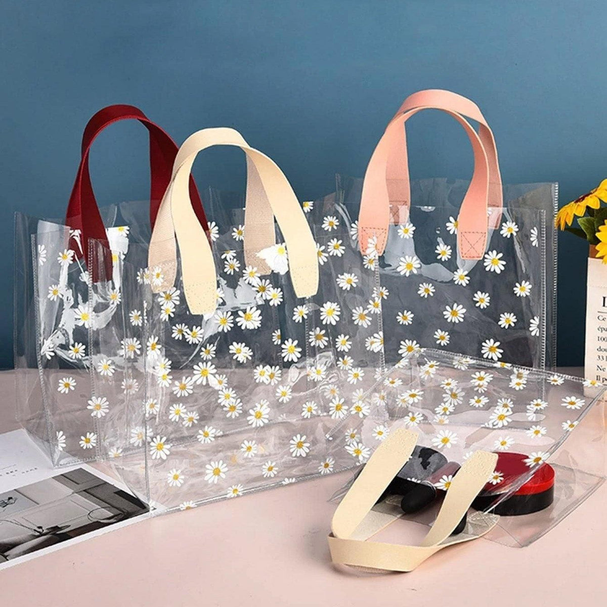 10pcs Small Fresh Transparent PVC Tote Bag Wedding Candy Gift Bag Daisy Design - Red - S