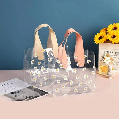10pcs Small Fresh Transparent PVC Tote Bag Wedding Candy Gift Bag Daisy Design - Red - S