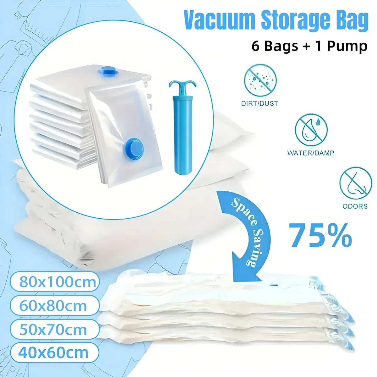 6PCS Vacuum Storage Bags Space Saving for Clothes Bedding Travel