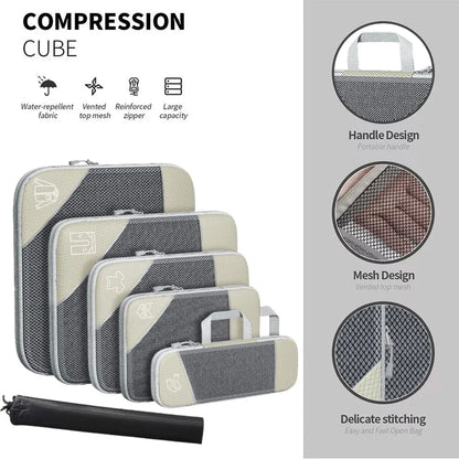 6PCS Compression Packing Cubes Expandable Luggage Storage Bag Travel Packing Bag - Pink