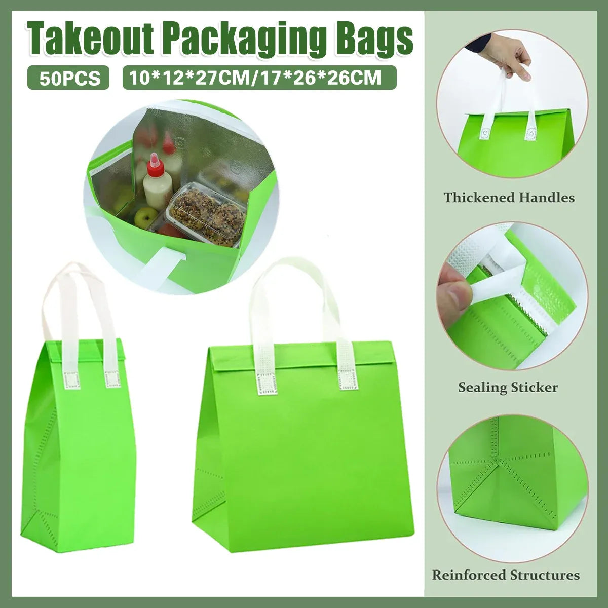 50PCS Green Takeaway Packaging Bags with Handles and Self-Adhesive Seal - M