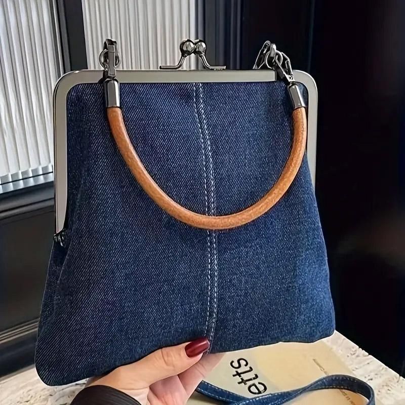 Small Handbag Women Tote Bag Cowboy Splicing Crossbody Shoulder Satchel Bag - Light Blue