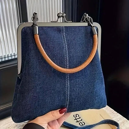Small Handbag Women Tote Bag Cowboy Splicing Crossbody Shoulder Satchel Bag - Light Blue