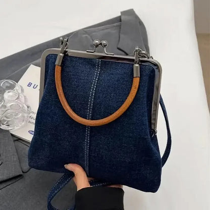 Small Handbag Women Tote Bag Cowboy Splicing Crossbody Shoulder Satchel Bag - Light Blue