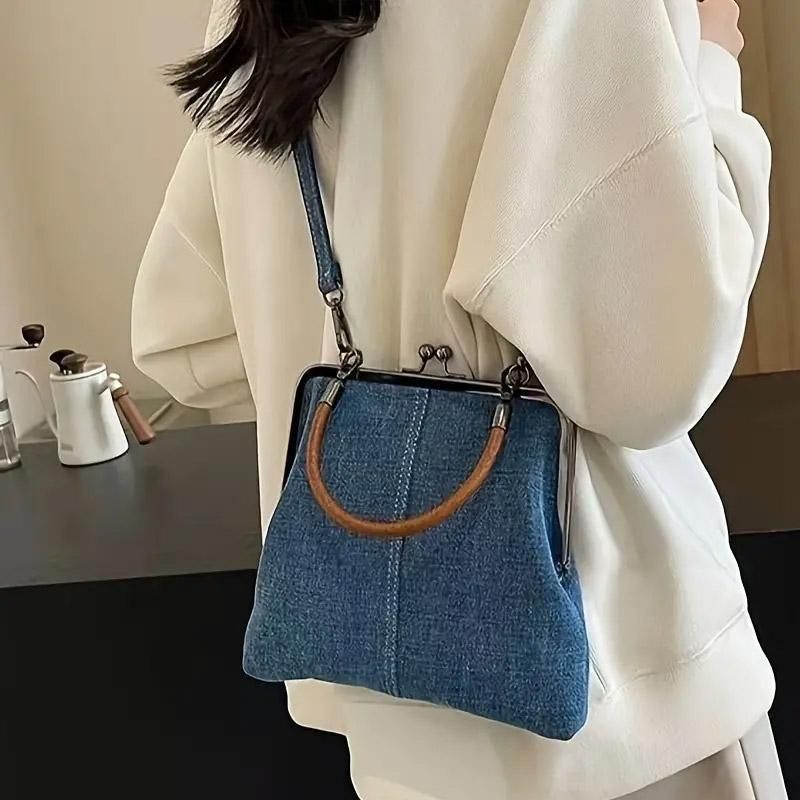 Small Handbag Women Tote Bag Cowboy Splicing Crossbody Shoulder Satchel Bag - Light Blue