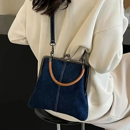 Small Handbag Women Tote Bag Cowboy Splicing Crossbody Shoulder Satchel Bag - Light Blue