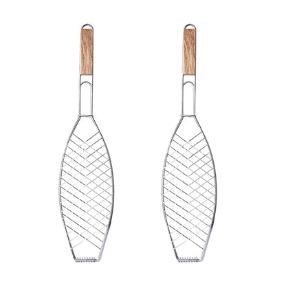 Barbecue Net Clamp Iron Wire Mesh with Wooden Handle for Camping Grill - 43x15cm