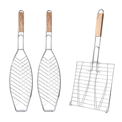 Barbecue Net Clamp Iron Wire Mesh with Wooden Handle for Camping Grill - 43x15cm