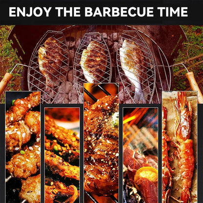 Barbecue Net Clamp Iron Wire Mesh with Wooden Handle for Camping Grill - 43x15cm