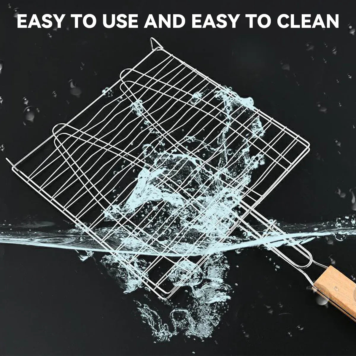 Barbecue Net Clamp Iron Wire Mesh with Wooden Handle for Camping Grill - 43x15cm