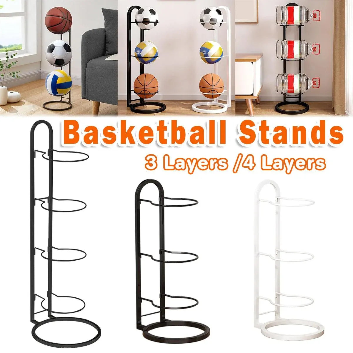 3/4Tier Basketball Stand Ball Organizer Storage Rack Basketball Equipment Holder - White-3 Layers