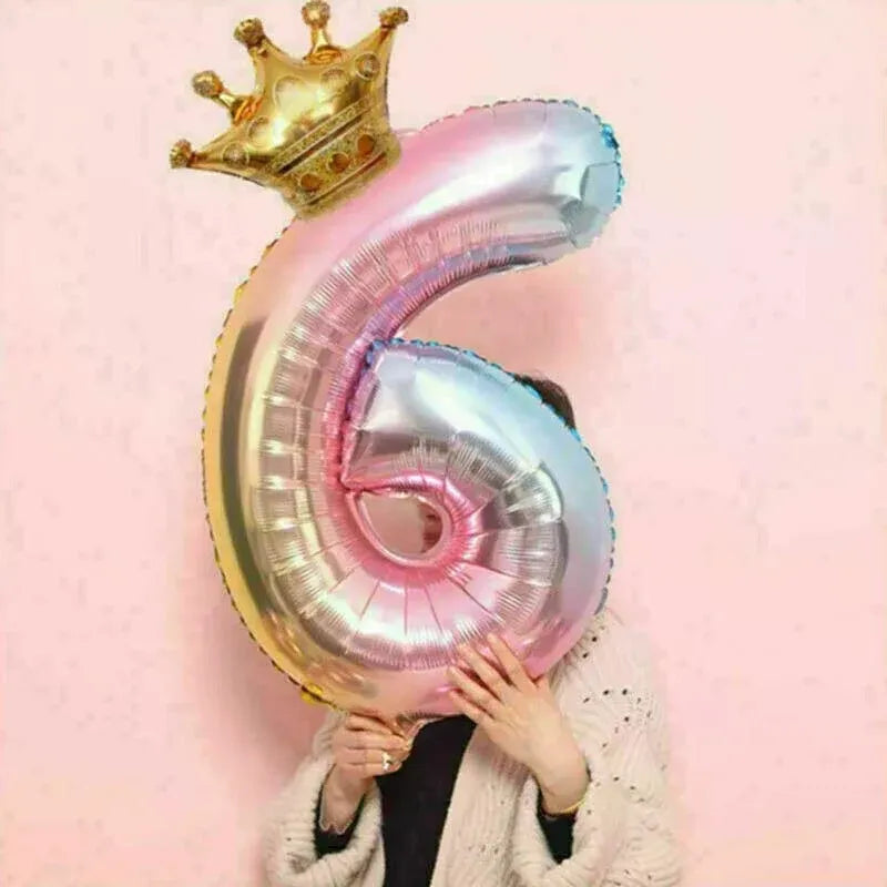 32 Inch Crown Number Foil Balloons Rainbow Iridescent Party Decoration - Crown 6