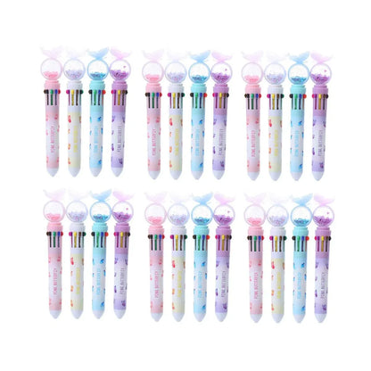 Butterfly 10 Colour Press Ballpoint Pen Sequin Dome Stationery 0.7mm - 24PCS