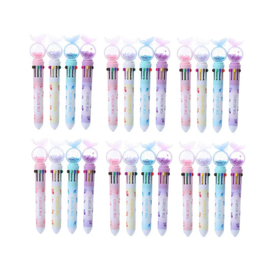 Butterfly 10 Colour Press Ballpoint Pen Sequin Dome Stationery 0.7mm - 24PCS