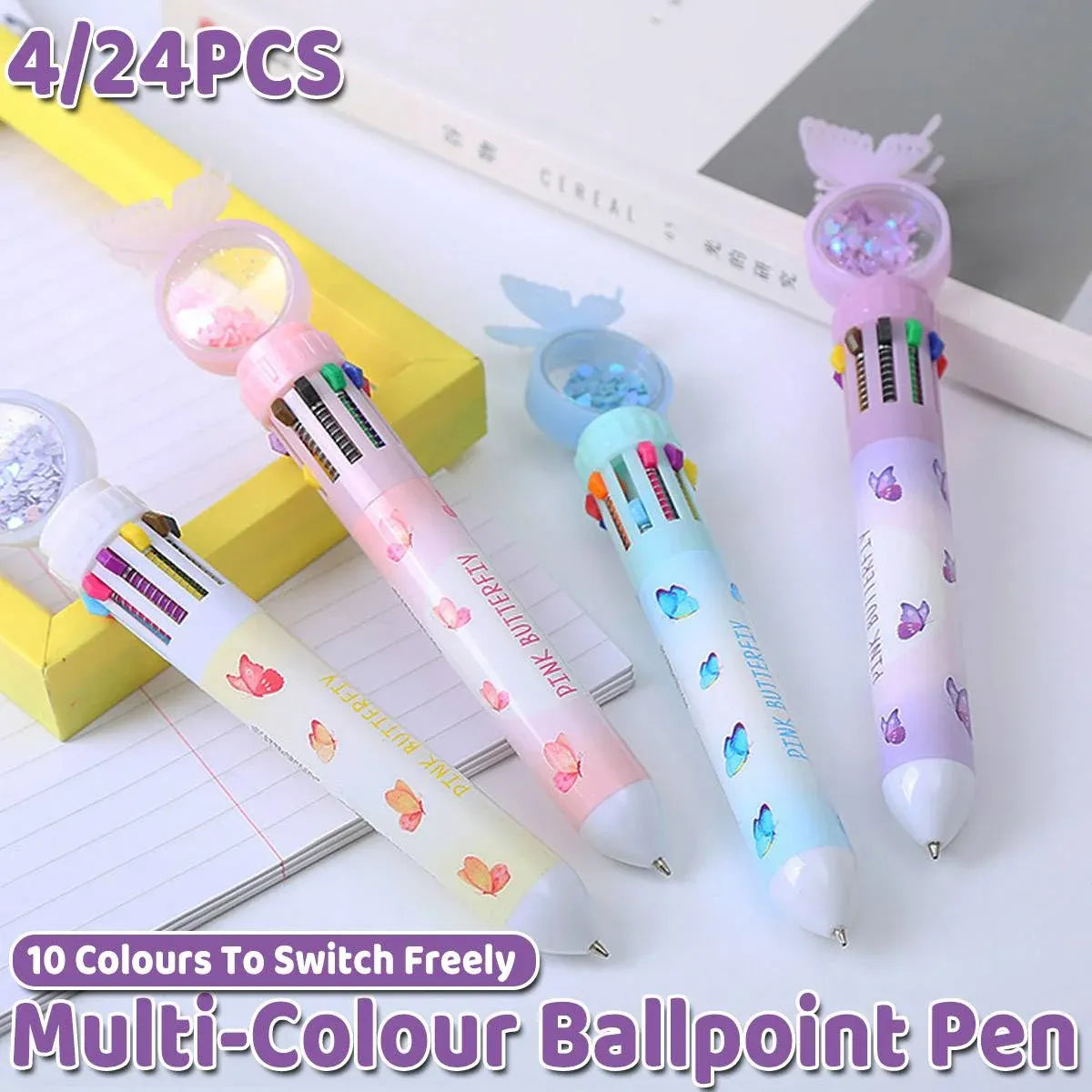 Butterfly 10 Colour Press Ballpoint Pen Sequin Dome Stationery 0.7mm - 24PCS