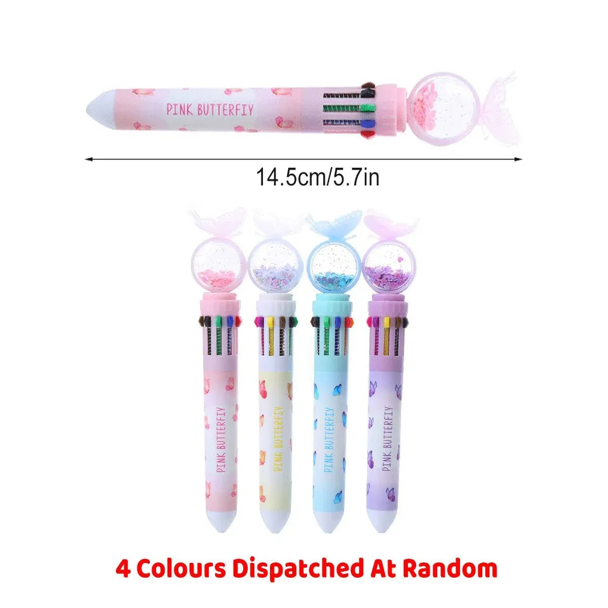 Butterfly 10 Colour Press Ballpoint Pen Sequin Dome Stationery 0.7mm - 24PCS