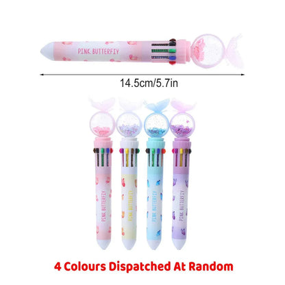 Butterfly 10 Colour Press Ballpoint Pen Sequin Dome Stationery 0.7mm - 24PCS