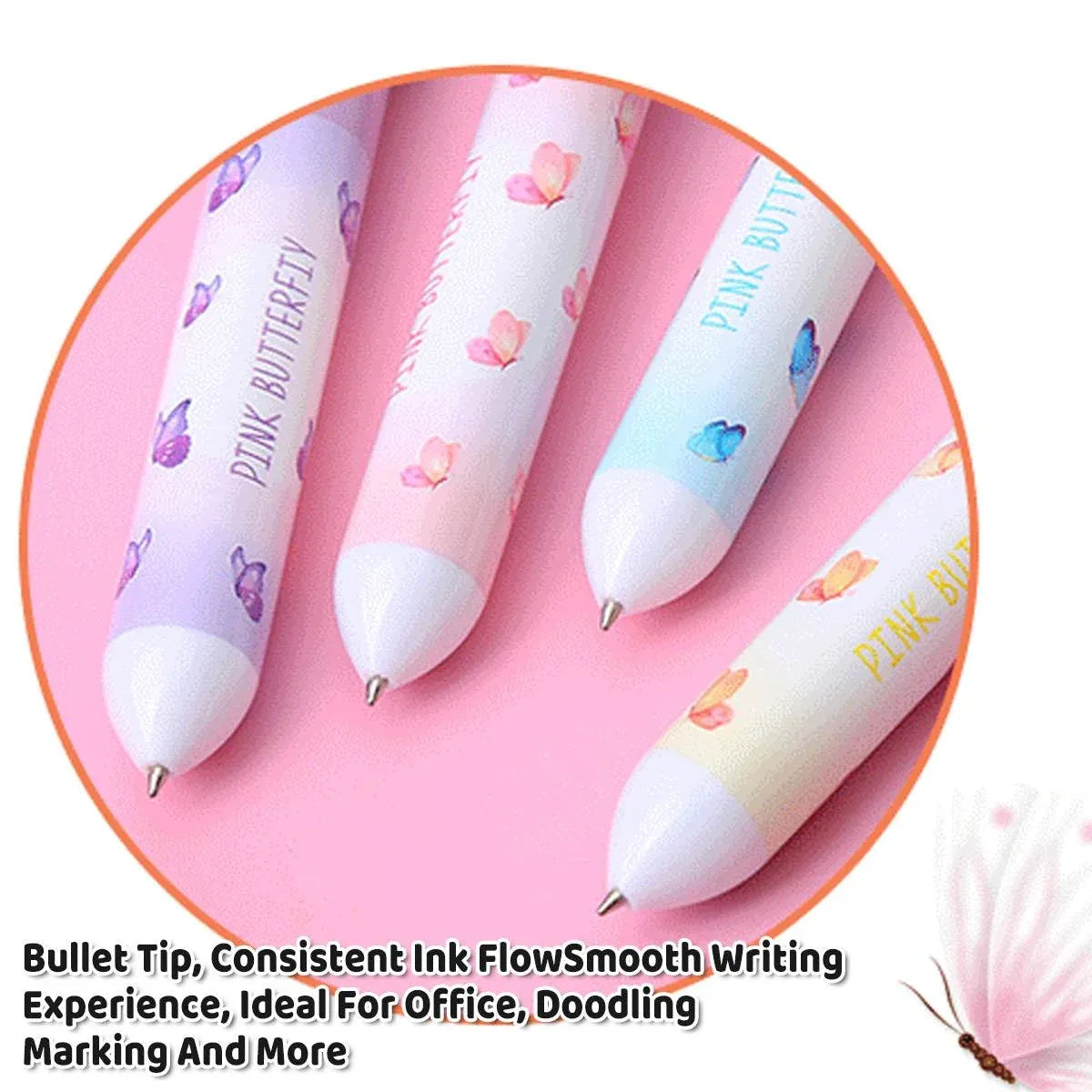 Butterfly 10 Colour Press Ballpoint Pen Sequin Dome Stationery 0.7mm - 24PCS