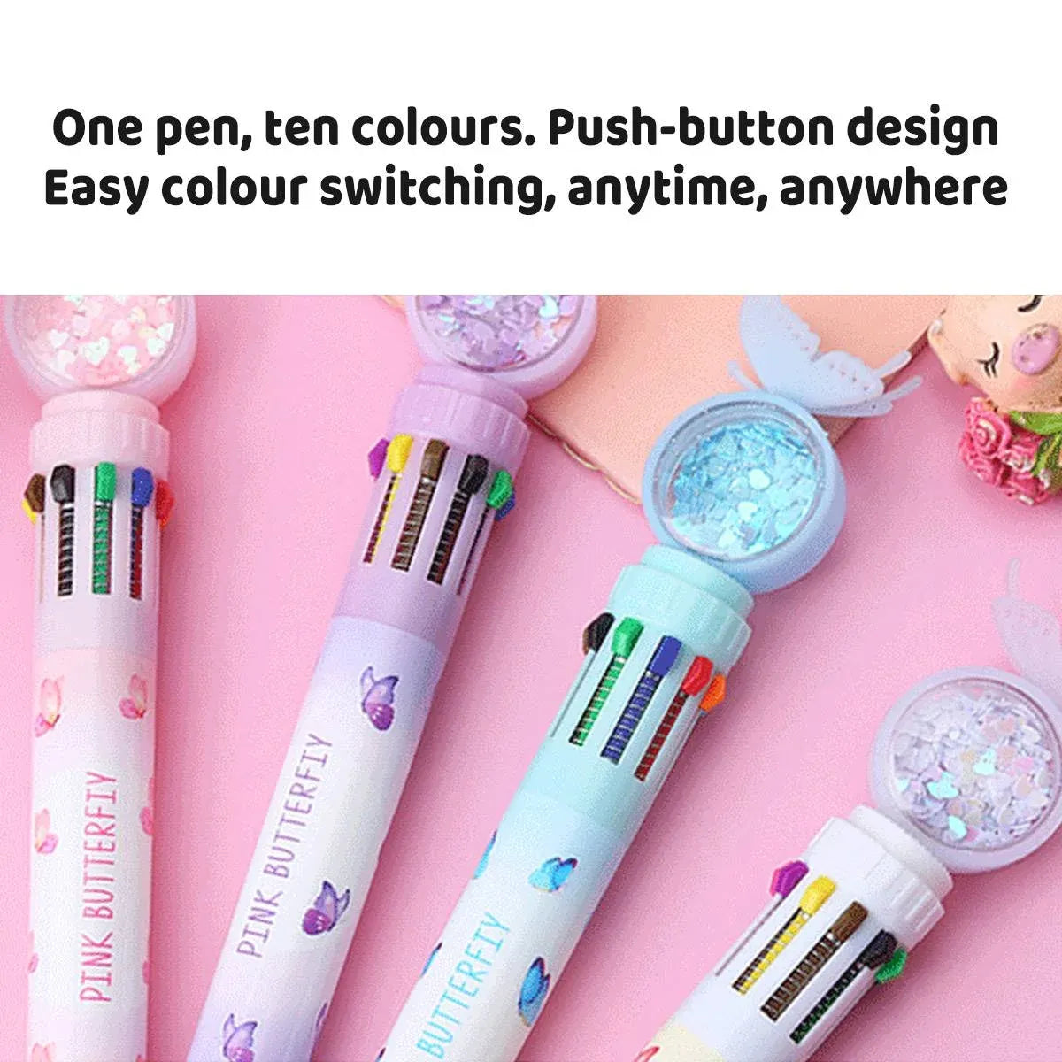 Butterfly 10 Colour Press Ballpoint Pen Sequin Dome Stationery 0.7mm - 24PCS
