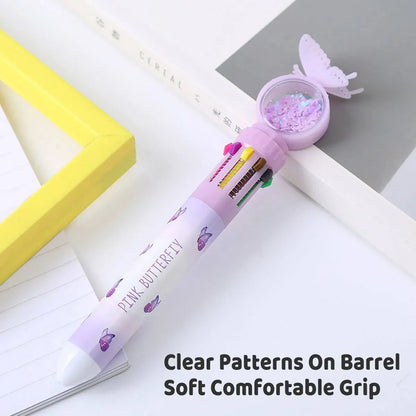 Butterfly 10 Colour Press Ballpoint Pen Sequin Dome Stationery 0.7mm - 24PCS