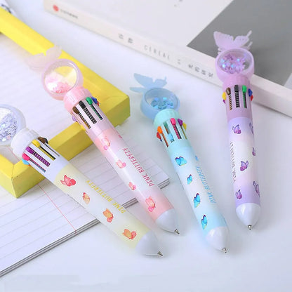 Butterfly 10 Colour Press Ballpoint Pen Sequin Dome Stationery 0.7mm - 24PCS