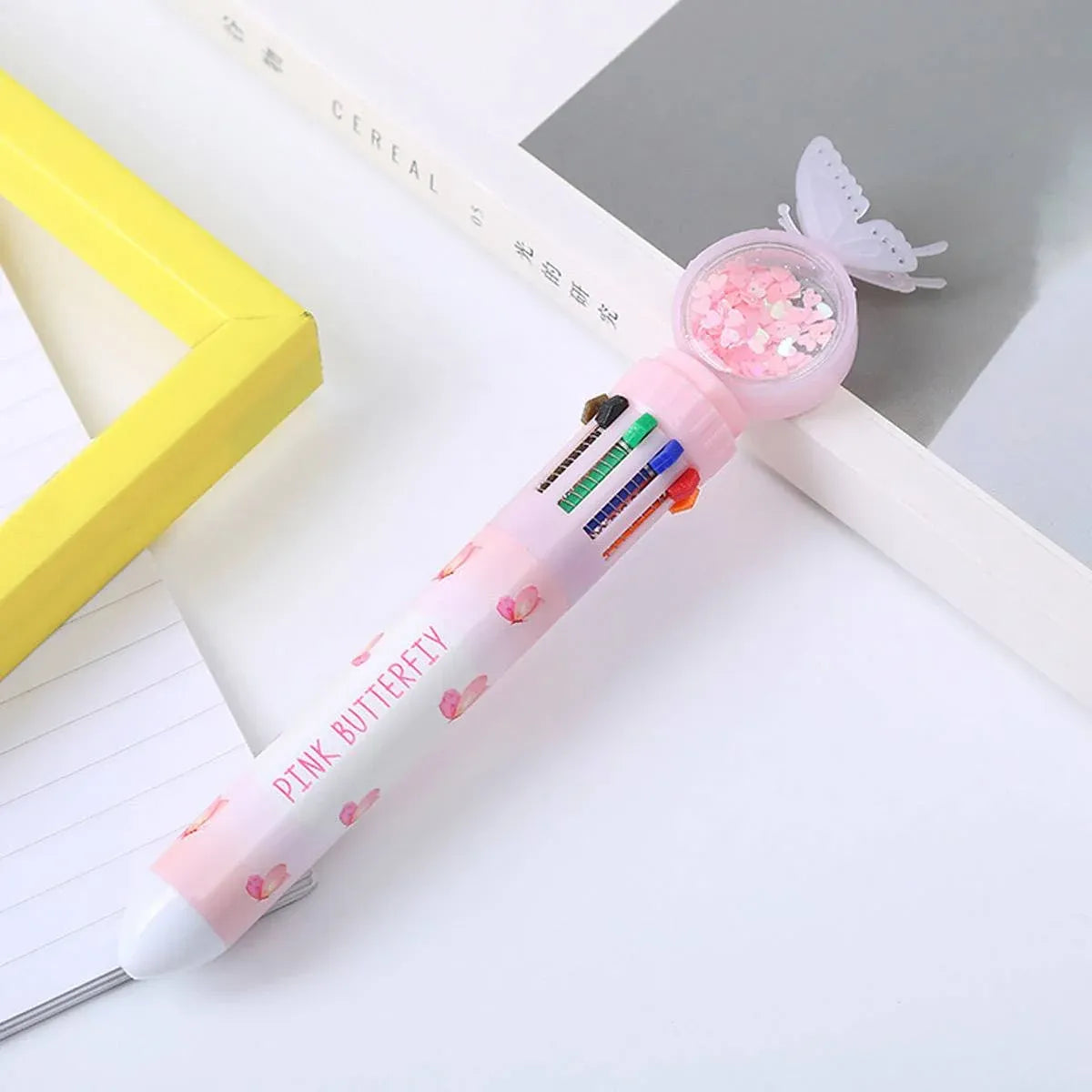 Butterfly 10 Colour Press Ballpoint Pen Sequin Dome Stationery 0.7mm - 24PCS