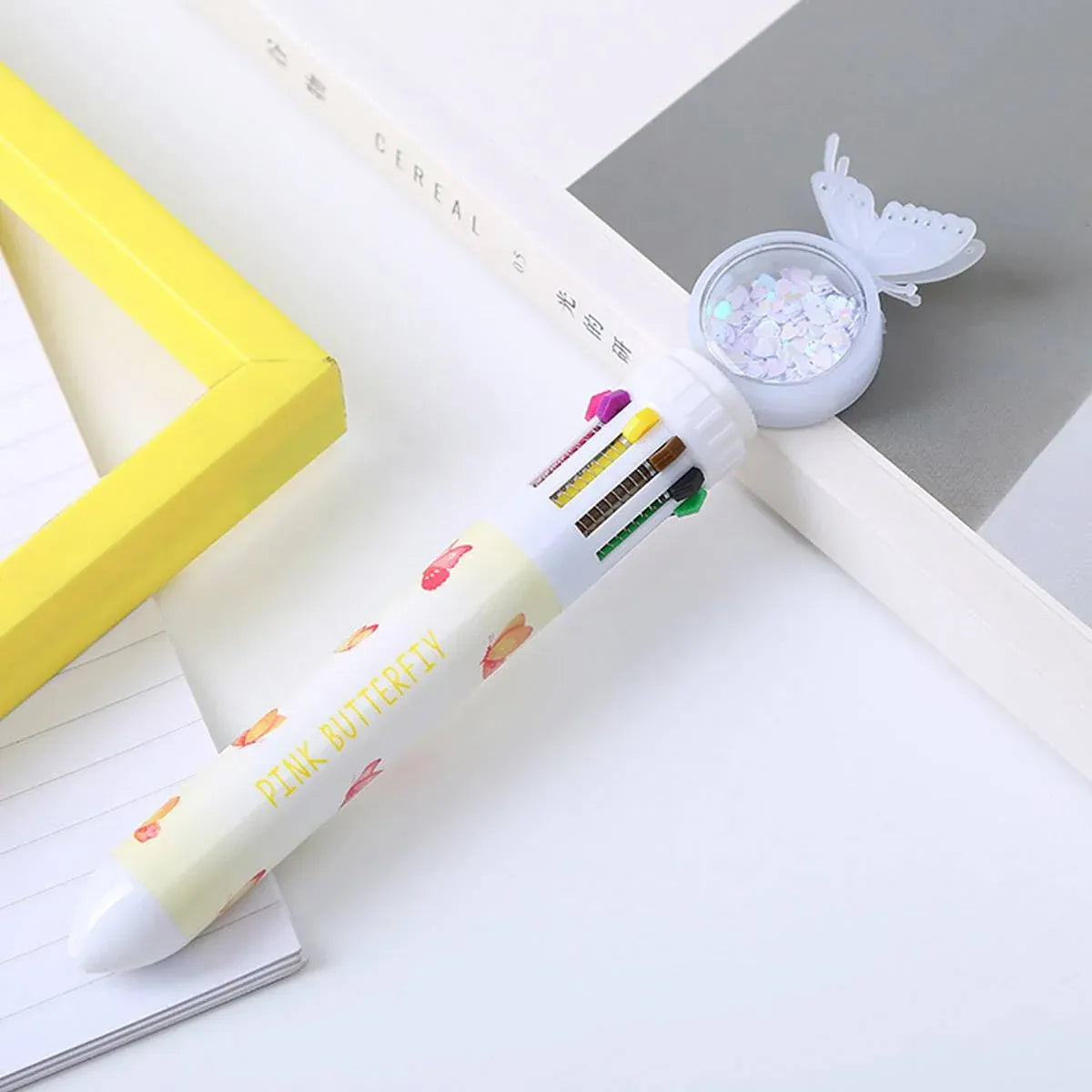 Butterfly 10 Colour Press Ballpoint Pen Sequin Dome Stationery 0.7mm - 24PCS