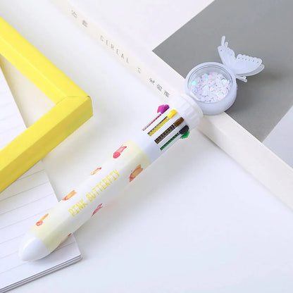 Butterfly 10 Colour Press Ballpoint Pen Sequin Dome Stationery 0.7mm - 24PCS