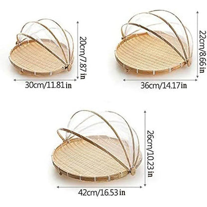 Bamboo Storage Basket with Mesh Cover for Fruit Vegetables Food Buns Kitchen - 42CM