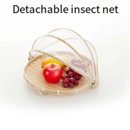 Bamboo Storage Basket with Mesh Cover for Fruit Vegetables Food Buns Kitchen - 42CM