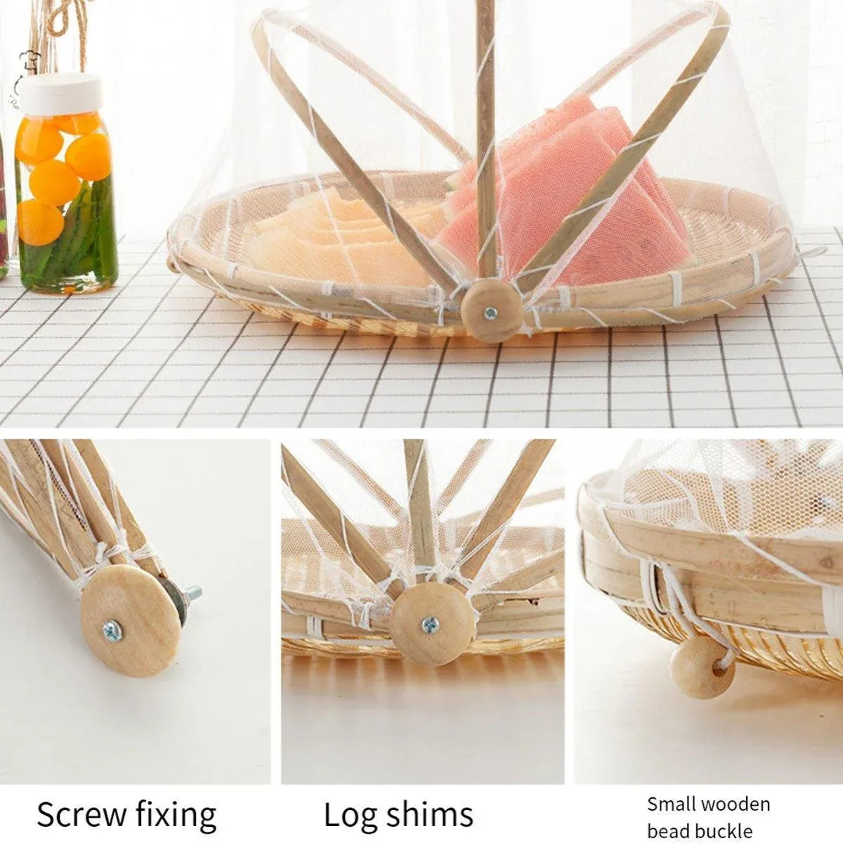 Bamboo Storage Basket with Mesh Cover for Fruit Vegetables Food Buns Kitchen - 42CM