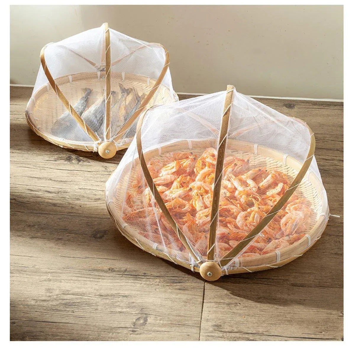 Bamboo Storage Basket with Mesh Cover for Fruit Vegetables Food Buns Kitchen - 42CM