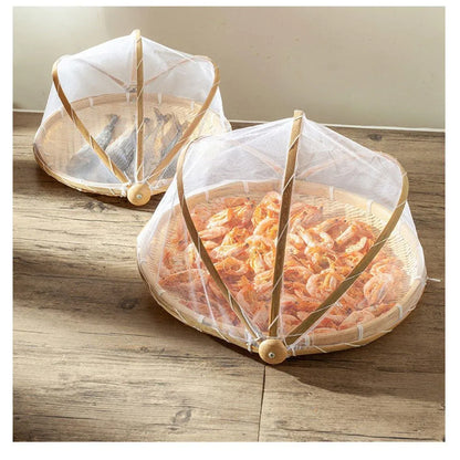 Bamboo Storage Basket with Mesh Cover for Fruit Vegetables Food Buns Kitchen - 42CM