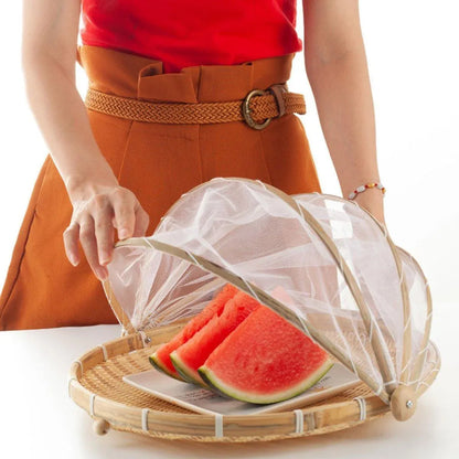 Bamboo Storage Basket with Mesh Cover for Fruit Vegetables Food Buns Kitchen - 42CM