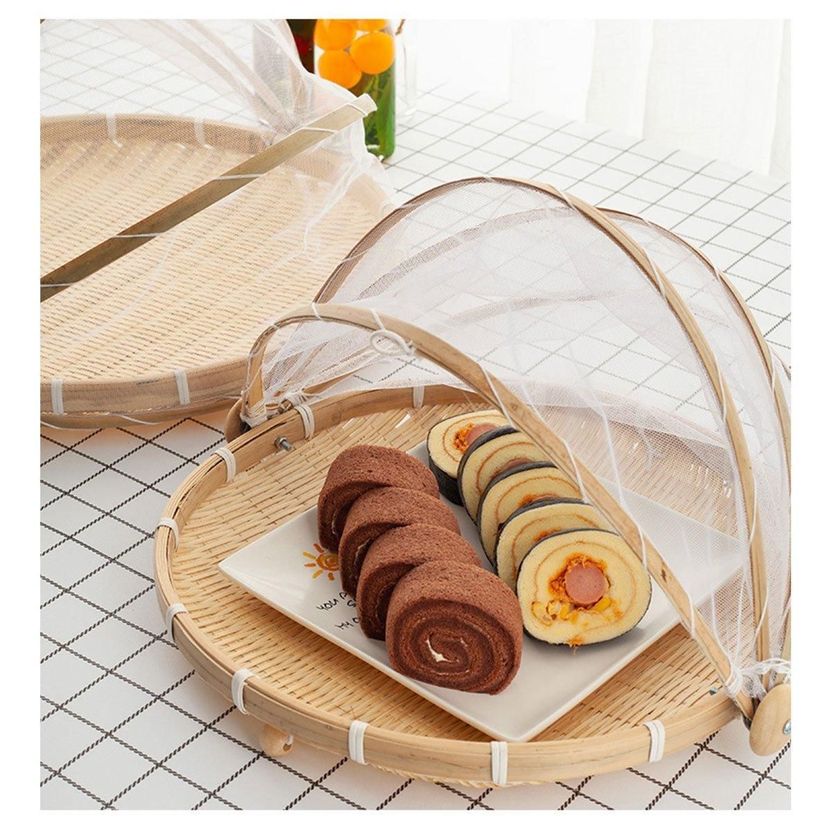 Bamboo Storage Basket with Mesh Cover for Fruit Vegetables Food Buns Kitchen - 42CM