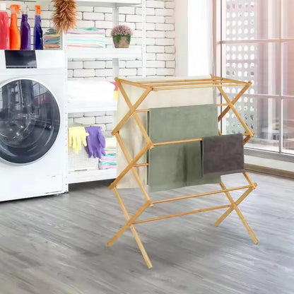 Bamboo Clothes Drying Rack Folding Floor Stand Indoor Vertical Laundry Hanger